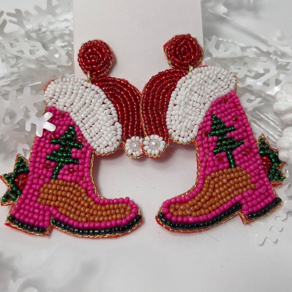 Handmade Beaded Earrings - Pink Boots Holiday Jewelry